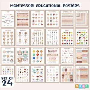 Posters éducatifs, 24 impressions pour l'école à la maison, décoration de salle de classe Montessori, salle de jeux pour tout-petits, chambre d'enfants neutre, impression d'art mural salle de jeux