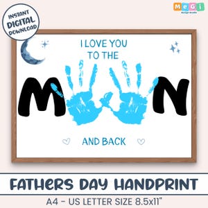 Art de l'empreinte de la main pour papa ou grand-père, cadeau de fête des pères de la part d'un fils ou d'une fille, carte imprimable empreinte de main je t'aime jusqu'à la lune et l'arrière préscolaire