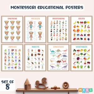 Posters éducatifs, 8 affiches d'école à la maison, salle de jeux pour tout-petits, chambre d'enfants neutre, décoration Montessori pour salle de classe, impression d'art mural salle de jeux pastel