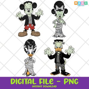 May include: Digital file featuring four cartoon characters in Halloween costumes. Mickey Mouse as Frankenstein, Minnie Mouse as a mummy, Daisy Duck as the Bride of Frankenstein, and Donald Duck as Frankenstein. The text "DIGITAL FILE - PNG" is at the bottom.