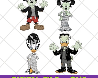 Bride of Frankenstein Minnie Mouse Mickey Mouse PNG Bundle, Halloween Spooky Daisy Donald Duck Disney Couple Printables