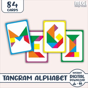 Cartas de quebra-cabeça do alfabeto Tangram - 84 cartas e padrão de Tangram grátis - Cartas de quebra-cabeça de Tangram minimalistas Montessori para impressão, atividade pré-escolar