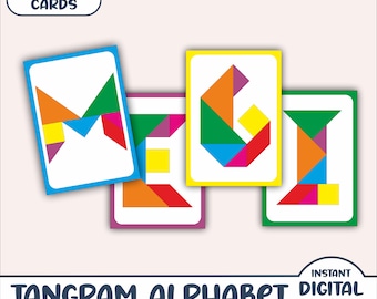 Tangram Alphabet Puzzle Cards - 84 Cards & Free Tangram Pattern - Printable Montessori Minimalist Tangram Puzzle Cards - Preschool Activity