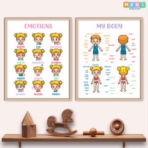 Pósters de aprendizaje para niños pequeños y preescolares / Imprimibles educativos para niños / Pósters Montessori / Aprendizaje de emociones y partes del cuerpo en jardín de infantes