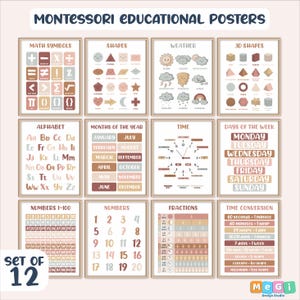 Educational Posters, 12 Homeschool Prints, Montessori Classroom Decor,Toddler Playroom, Neutral Kids Nursery, Pastel Playroom Wall Art Print