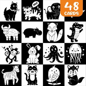Tarjetas sensoriales Montessori de 48 animales para bebés, tarjetas para bebés, tarjetas sensoriales de alto contraste, regalo para baby shower, estimulación visual