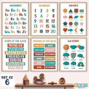 6 Educational Posters Set, Homeschool Prints, Montessori Classroom Decor, Toddler Playroom Art, Neutral Boho Nursery Wall Art, Playroom Wall