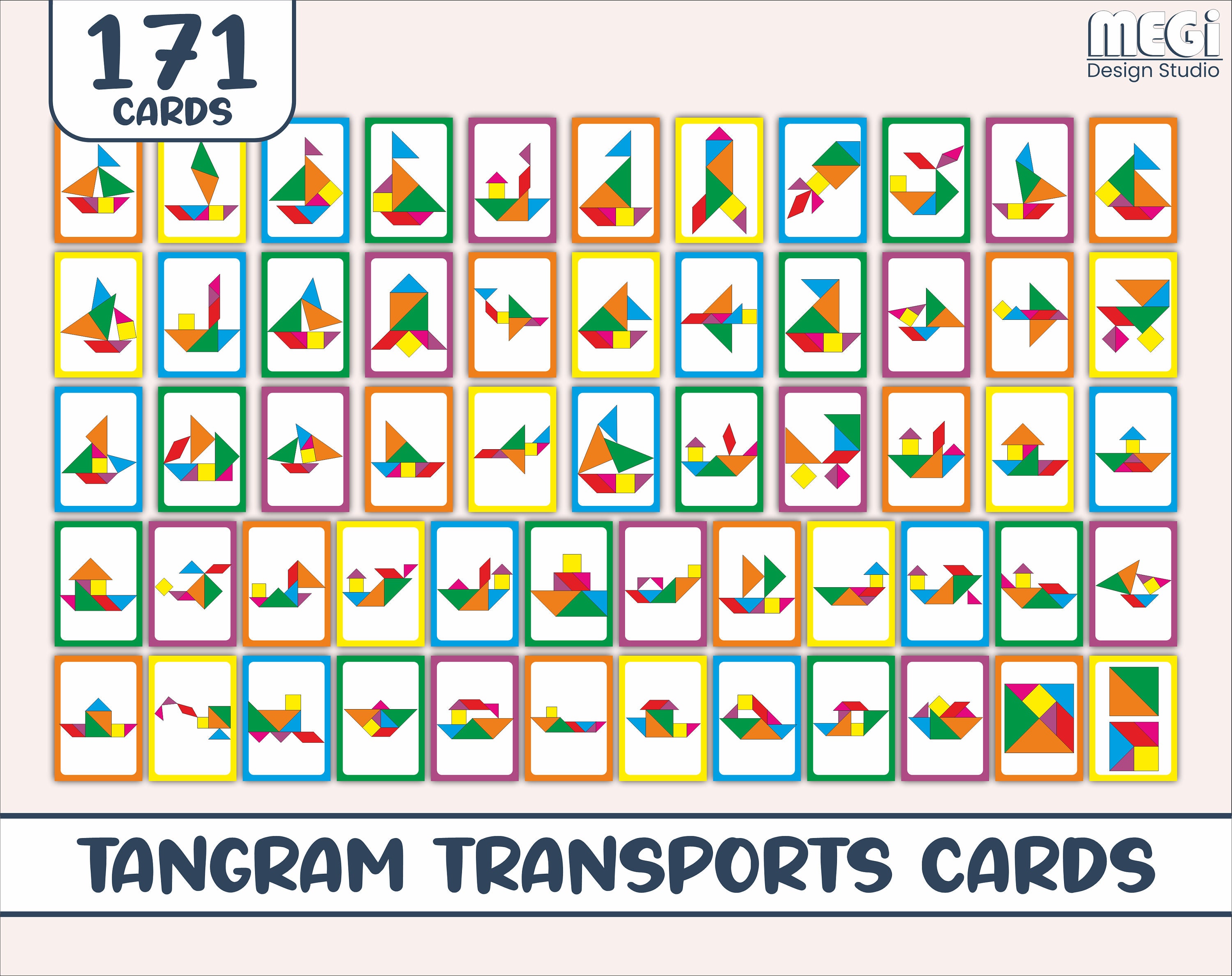 Tangram Set of Transports Puzzle Cards - 170+ Cards & Free Tangram ...
