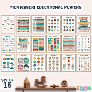 Set of 18 Educational Posters, Montessori Classroom Decor, Homeschool Prints, ABC Boho Toddler Room Decor, Kindergarten Wall Art, PDF Poster
