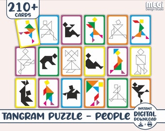 Tangram Set of People Puzzle Cards - 210+ Cards & Free Tangram Pattern - Printable Montessori Minimalist Tangram Cards - Kindergarten Games