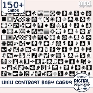 150+ Black and White Baby Sensory Cards - Best High Contrast Sensory & Development Newborn Cards - Montessori Flashcards