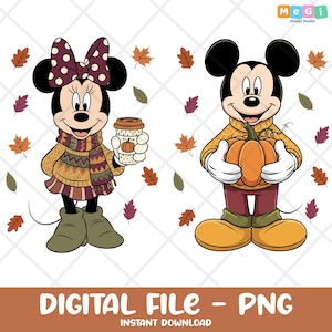May include: Digital file featuring Minnie Mouse with a polka dot bow, scarf, and sweater, holding a coffee cup with a pumpkin design. Mickey Mouse is holding a pumpkin, both surrounded by autumn leaves. The text "DIGITAL FILE - PNG" is at the bottom.