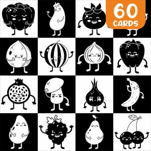 60 High Contrast Baby Cards, Printable Montessori Black and White Sensory Cards for Infant Stimulation, Digital Download,Fruits & Vegetables