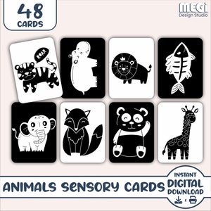 Sensory & Development Baby Cards - Best Montessori Sensory Cards for Newborns - 48 High Contrast Animal Baby Cards - Infant Stimulation
