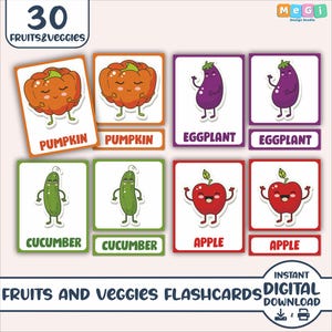 Fruit and Veggies Flashcards - Printable Three-Part Cards - Printable Montessori Homeschool Material - Toddler Puzzle - Nomenclature Cards