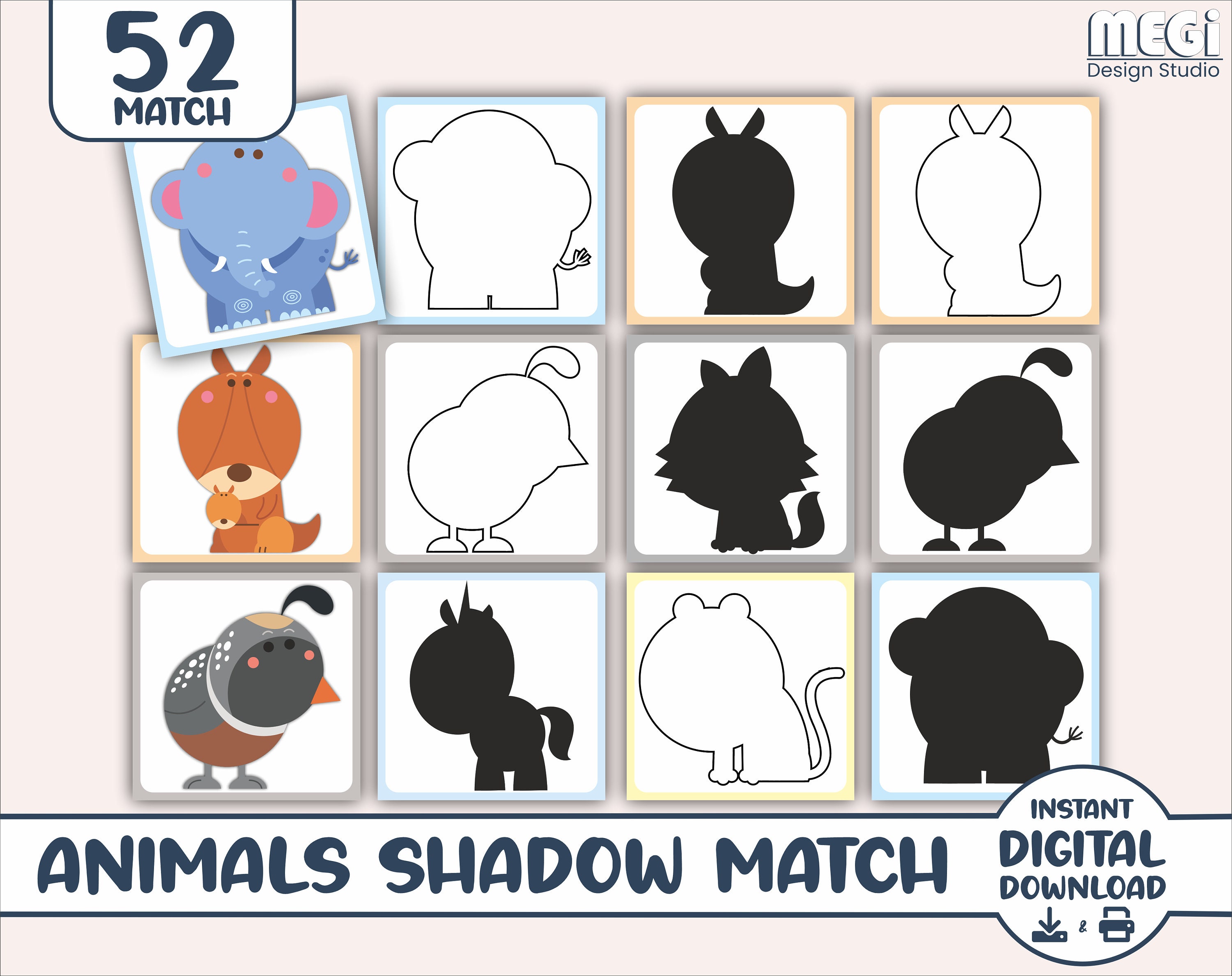 Animals Shadow Match Game 26 Animal 52 Match Printable - Etsy