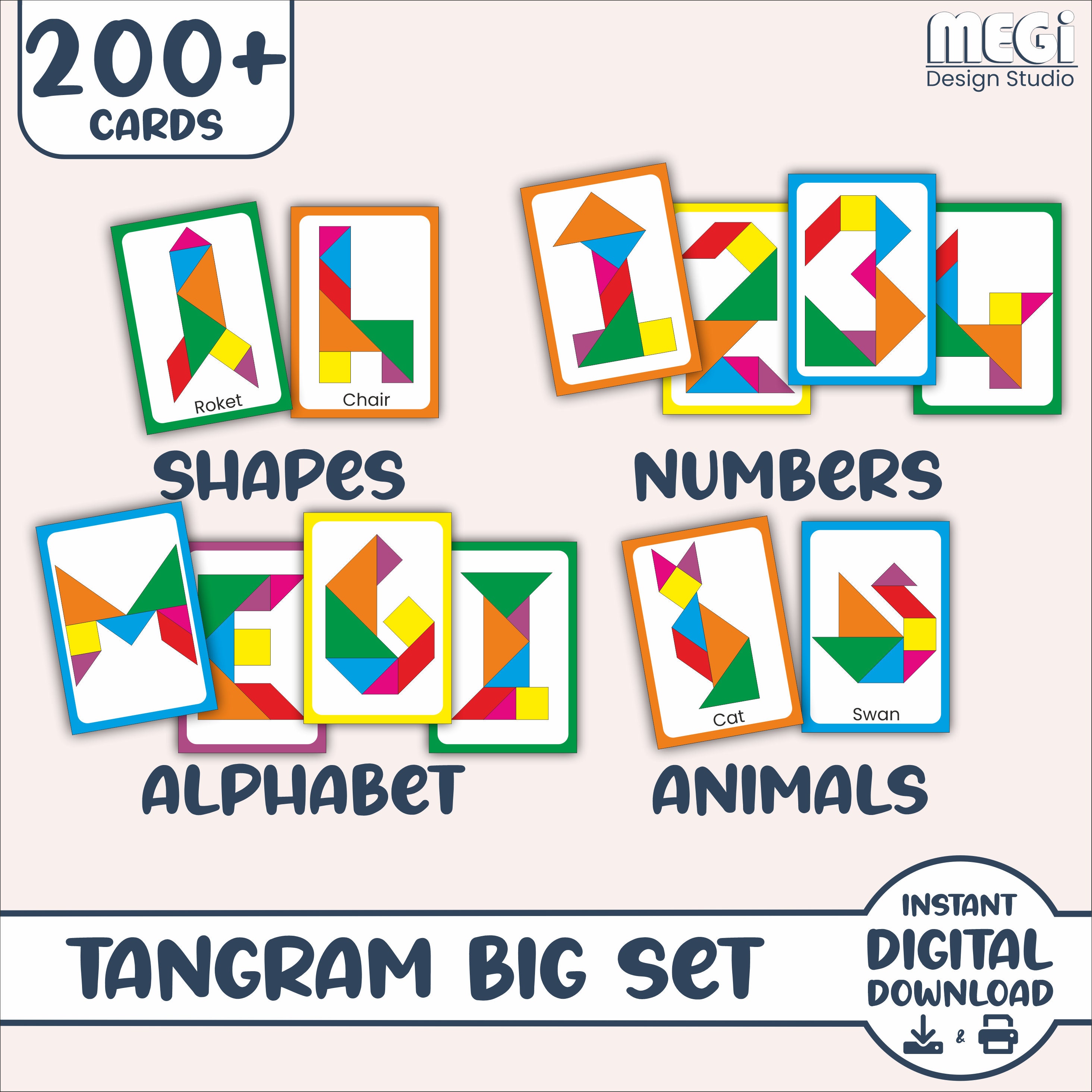 Tangram Big Set 200 Cards and Free Tangram Pattern Printable Montessori ...
