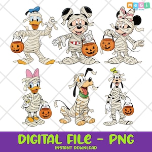 May include: Digital file featuring six cartoon characters dressed as mummies for Halloween. Donald Duck, Mickey Mouse, Minnie Mouse, Daisy Duck, Pluto, and Goofy are wrapped in bandages and holding jack-o'-lantern buckets. The text "DIGITAL FILE - PNG" is at the bottom.