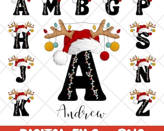 Christmas Santa Hat Alphabet PNG, Xmas Trendy Letter Designs, Christmas Alphabet Canva Link, Santa Hat Christmas Lights Letters