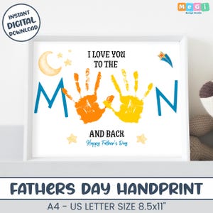 Handabdruck Kunst für Papa oder Opa, Vatertagsgeschenk vom Sohn oder Tochter, Ich liebe dich bis zum Mond und zurück druckbare Handabdruck Karte Vorschule