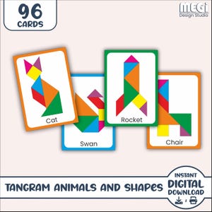 Cartes Tangram animaux et formes - 96 cartes et modèle Tangram gratuit - Meilleurs casse-tête pour enfants - Cartes Tangram minimalistes Montessori à imprimer