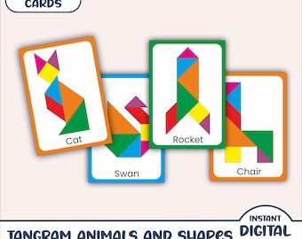 Tangram Animals and Shapes Puzzle Cards - 96 Cards & Free Tangram Pattern - Kids Puzzle - Printable Montessori Minimalist Preschool Activity