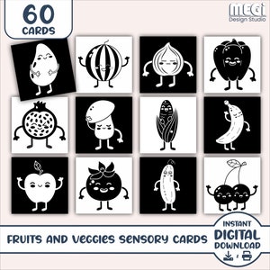 Black and White High Contrast Baby Sensory Cards - Fruit and Veggies - 60 Cards - Printable Baby Flashcards - Sensory Cards for Baby