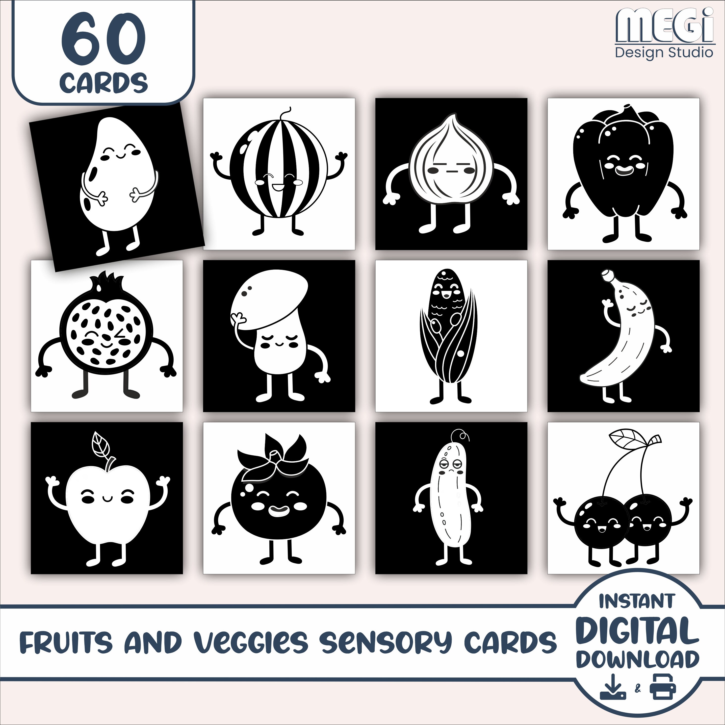 Black and White High Contrast Baby Sensory Cards - Fruit and Veggies - 60 Cards - Newborn Flashcards - Sensory Cards for Infant Stimulation
