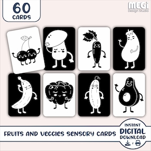 Schede sensoriali per neonati - Schede di frutta e verdura in bianco e nero per bambini da 0 a 6 mesi - Le migliori schede di stimolazione infantile