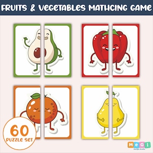 Fruit & Vegetable Matching Activity - Preschool Printable Game - Printable Kindergarten Activity - Fruits, Vegetables Easy Puzzle for Kids