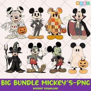 Mickey Halloween PNG Bundle – 8 Cute Spooky Mickey Clipart Digital Download, Cartoon Halloween Characters for Kids Crafts & Printables