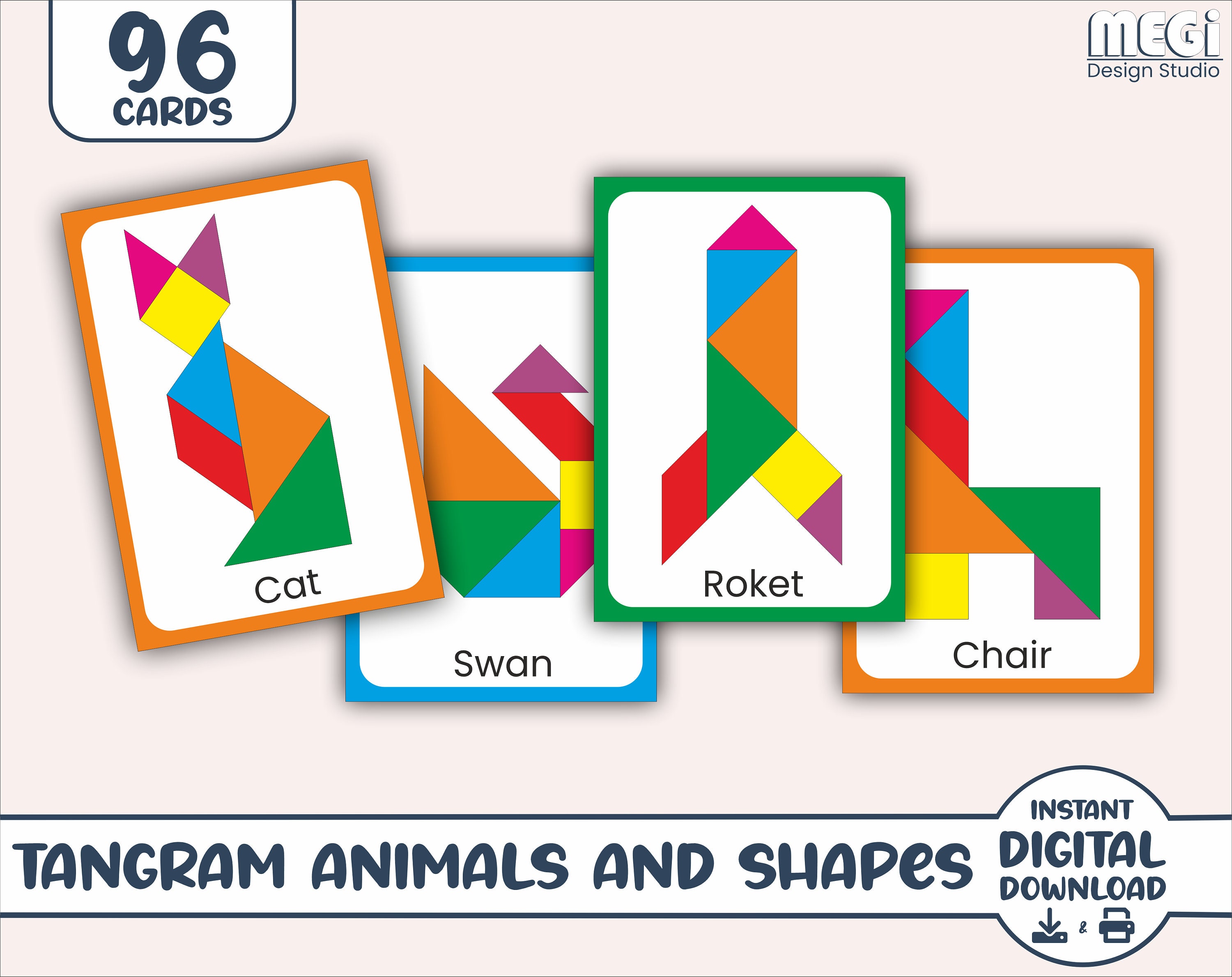 Tangram Animals and Shapes Puzzle Cards 96 Cards & Free - Etsy