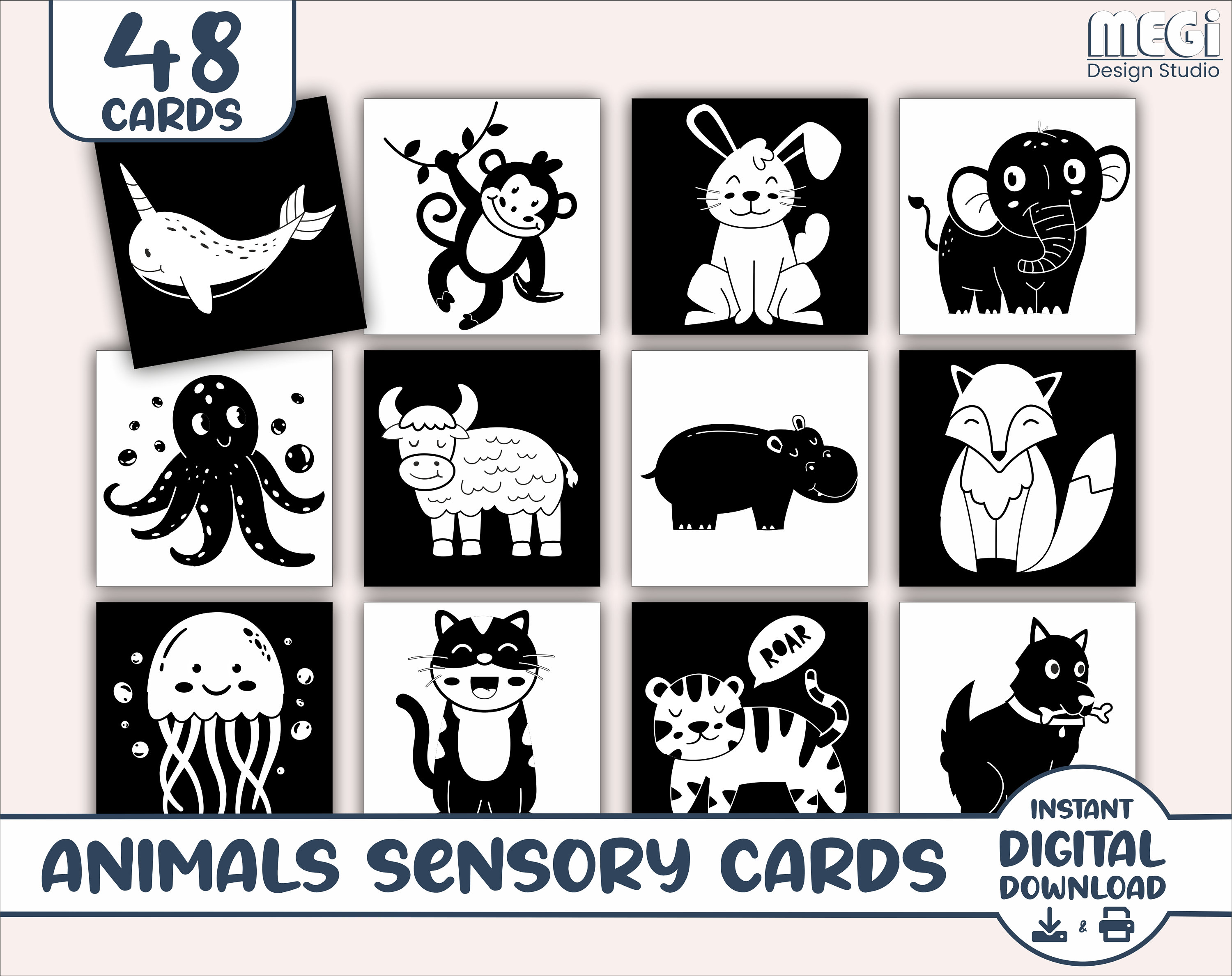 Cartes sensorielles pour bébé à contraste élevé noir et blanc - Animaux -  48 cartes - Carte flash pour bébé imprimable - Cartes sensorielles pour  bébé