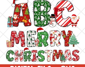 Christmas Alphabet PNG, Big Bundle Christmas Letters, Merry Christmas Doodle 7 Set Alphabet, 20 Xmas Clipart, Trendy Alphabet