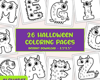 Halloween Monster Alphabet Coloring Book – 26 Page Printable PDF for Kids | 8.5x8.5 ABC Coloring Pages, Fun Spooky Learning –Kids Printables