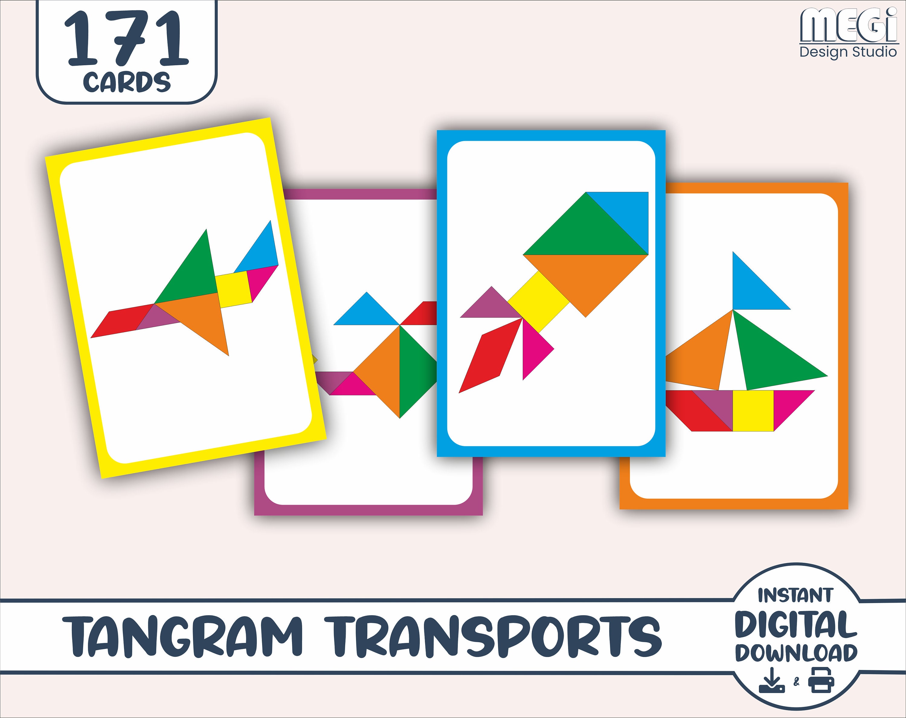 Tangram Set of Transports Puzzle Cards - 170+ Cards & Free Tangram ...