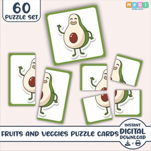 Fruit and Veggies Toddler Puzzle - 30 Image Toddler Match Game - Preschool Symmetry Activity - Printable Homeschool Material - Kids Puzzle