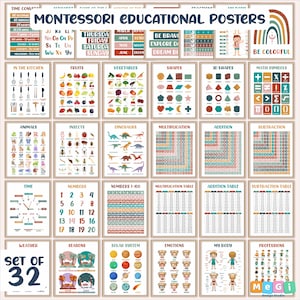 Posters éducatifs, 32 impressions d'école à la maison, décoration de salle de classe Montessori, salle de jeux pour tout-petits, chambre d'enfants neutre, impression d'art mural salle de jeux bohème
