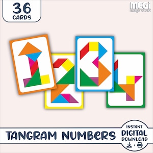 Tangram-puzzelkaarten - 36 kaarten en gratis tangrampatroon - afdrukbare Montessori-minimalistische tangram-puzzelkaarten - puzzelspel voor kleuters