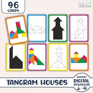 Conjunto de cartas de quebra-cabeça de casas Tangram - Mais de 90 cartas e padrão de Tangram grátis - Cartas de quebra-cabeça de Tangram minimalistas Montessori para impressão