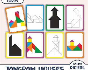 Tangram Set of Houses Puzzle Cards - 90+ Cards & Free Tangram Pattern - Printable Montessori Minimalist Tangram Puzzle Cards