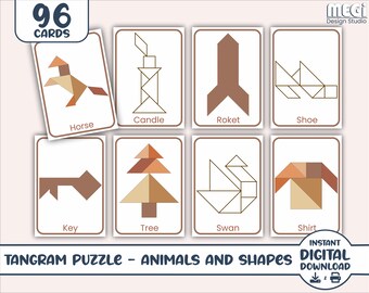 Natural Color Tangram Animals and Shapes Puzzle Cards - 96 Cards & Free Tangram Pattern - Printable Montessori Minimalist Tangram Cards