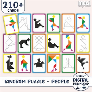 Jeu de cartes puzzle Tangram - Plus de 210 cartes et modèle Tangram gratuit - Cartes Tangram minimalistes Montessori imprimables - Jeux pour la maternelle
