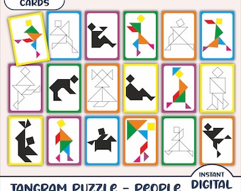 Tangram Set of People Puzzle Cards - 210+ Cards & Free Tangram Pattern - Preschool Montessori Minimalist Tangram Cards - Kindergarten Games