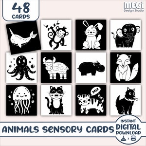 Schwarz und weiß kontrastreiche Baby Sensorische Karten - Tiere - 48 Karten - Druckbare Baby Karte - Sensorische Karten für Baby - Bauchzeit Karten