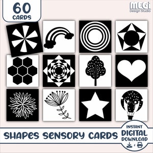 Black and White High Contrast Baby Sensory Cards - Shapes - 60 Cards - Printable Baby Flashcards - Digital Sensory Cards for Babies