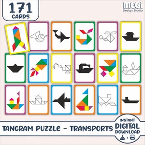 Tangram Set of Transports Puzzle Cards - 170+ Cards & Free Tangram Pattern - Printable Montessori Tangram Puzzle Puzzle Cards for Preschool