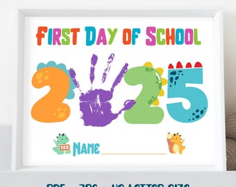 First Day of School Handprint Craft 2025 - Dino Number Sign - Printable Preschool & Kindergarten Art Activity - Dinosaurs Back to School