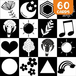 60 Printable Sensory Flashcards, High-Contrast Newborn Card,Visual Stimulation, Picture Card for Newborn, Black & White Cards, Digital File