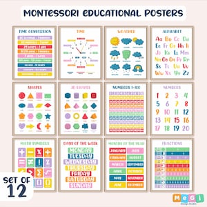 Educational Posters 12 Homeschool Prints, Montessori Classroom Decor, Toddler Playroom Neutral Kids Nursery Playroom Wall Art Printable
